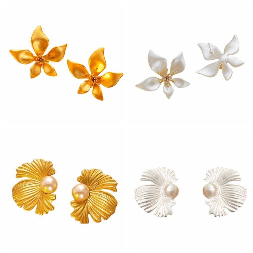Solid Color Pearl Ear Studs Elegant Flower Earrings Jewelry Fashion Ginkgo Leaf Earrings  Gift