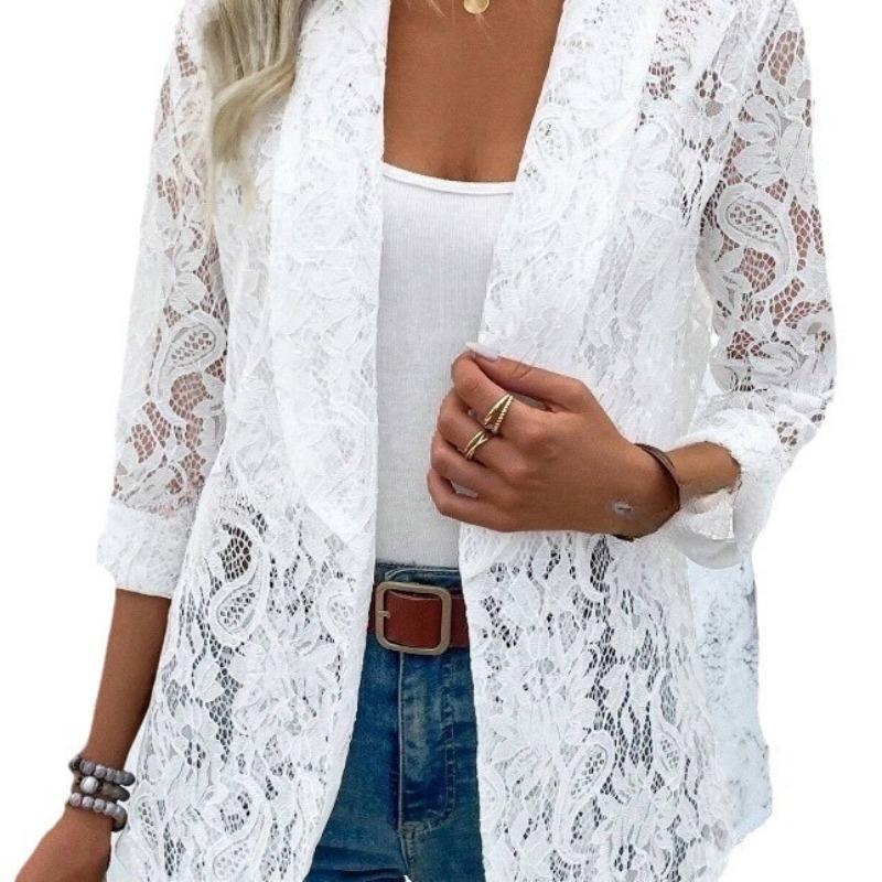 Spring Summer Fashion Lace Women Shirt Jacket Solid Color Loose Elegant Hollow Out Thin See Through Office Blouse Short Coats Female Casual Clothing