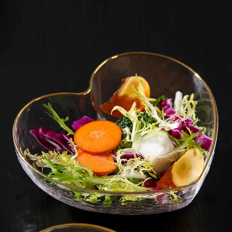 Creative Glass Heart-Shaped Bowl - Golden Edge Salad & Noodle Bowl, Crystal Breakfast Tableware with Decorative Design