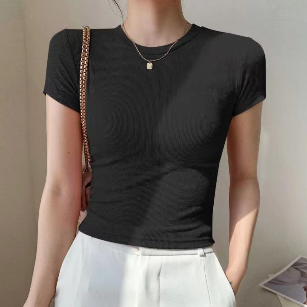 Basic Short Sleeve T Shirt Pullover Slim Crop Tops Solid Color Tees Shirts Women  Summer