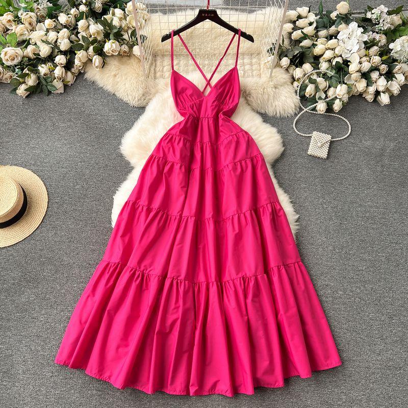 

Backless Slim Fit Long Large Hem Sling Beach Dress Rose Red S