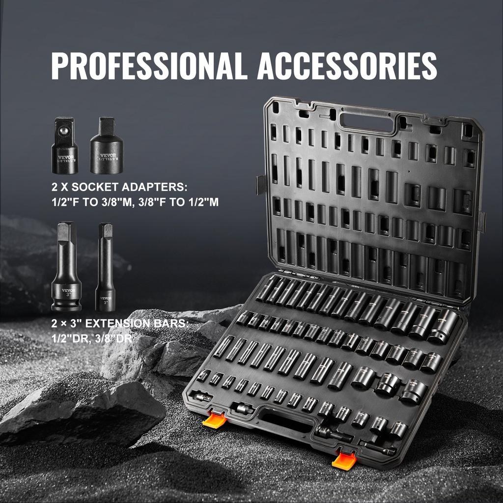 VEVOR 3/8" & 1/2" Drive Impact Socket Set, 59PCS Socket Set SAE 5/16" To 1-1/4" and Metric 6-32mm