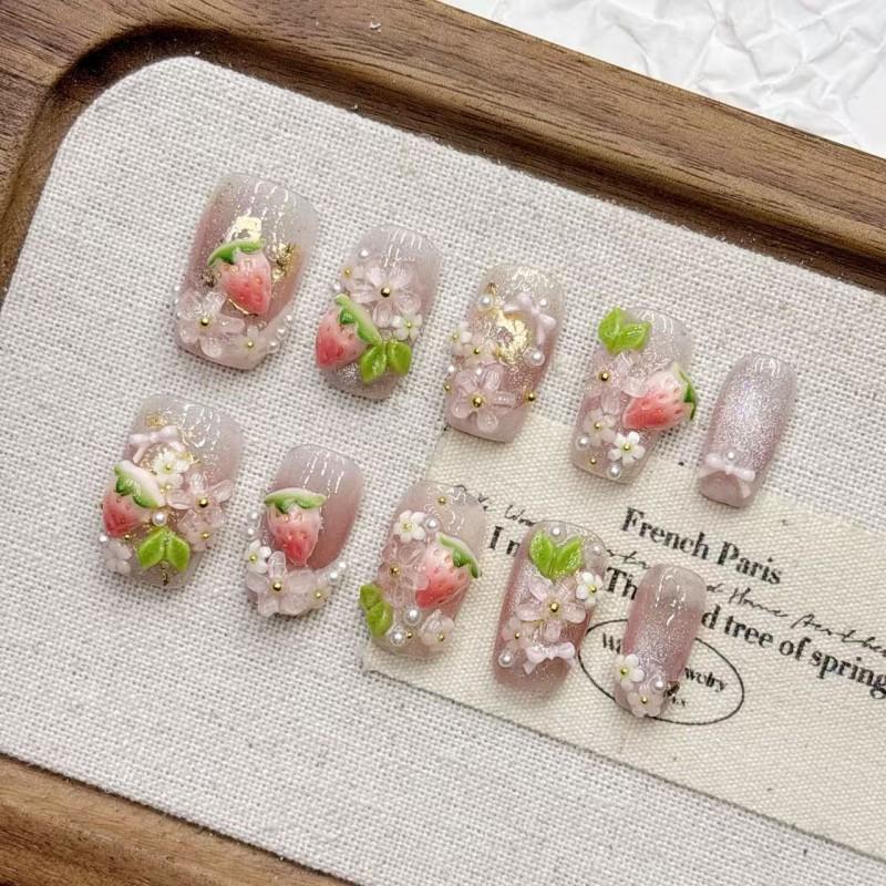 Handcrafted 3D Strawberry Embossed Acrylic Nail Tips Short Almond Shape Sweet Style Press-On Nails Women Medium
