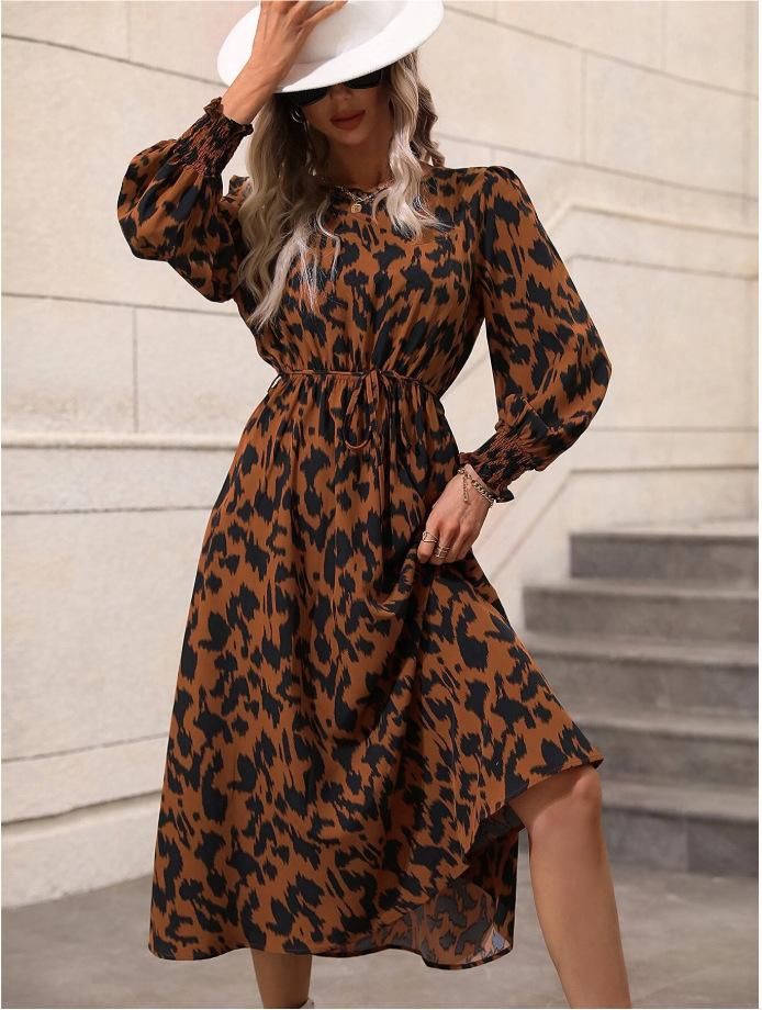 Europe, America, Autumn and Winter New Women's Clothing Leopard Print Lace-up Long-sleeved Pendulum Dress