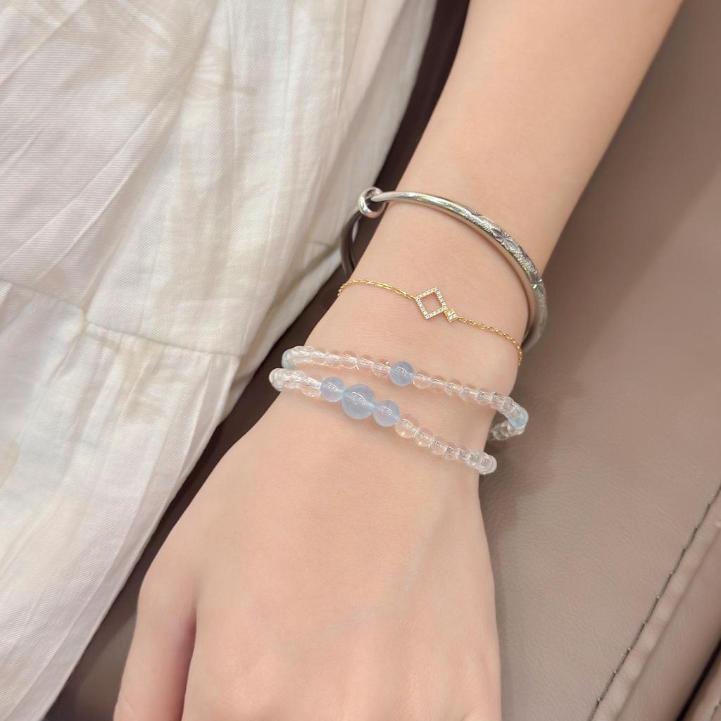 Ocean-Inspired Aquamarine & White Crystal Double-Wrap Bracelet for Women