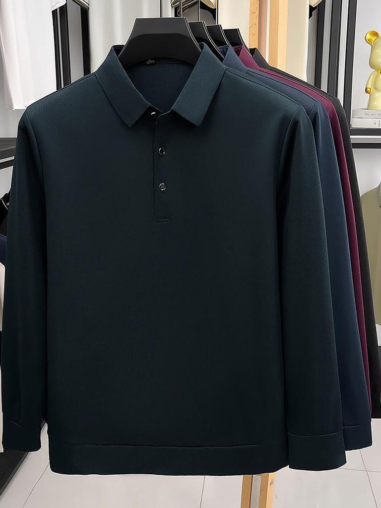 Men's Long Sleeve Polo - Loose Fit, Fashionable Lapel, Versatile Solid Color, Casual T-Shirt for Spring/Autumn