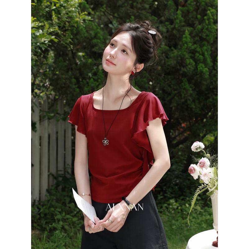 Luxiangnan Women s Retro Red Ruffle Short-Sleeved T-shirt L