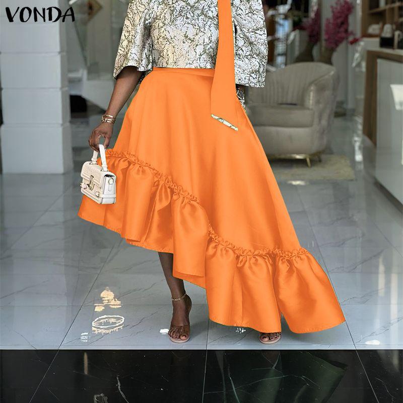 VONDA Women Back Zip-up Waist Smooth Ruffled Irregular Casual Thin Skirts Dress