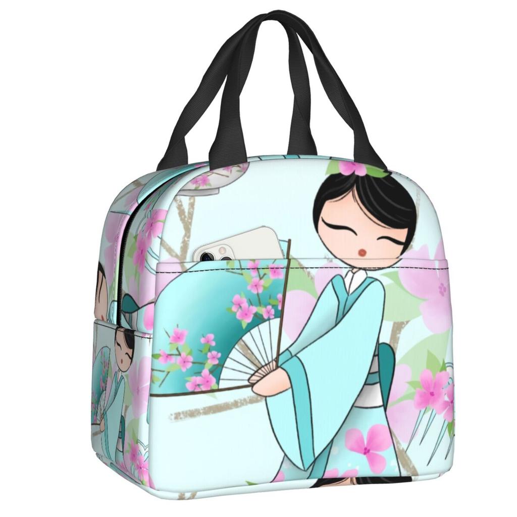 Custom Japanese Girl Sakura Kokeshi Doll Lunch Bag Men Women Warm Cooler Insulated Lunch Box for Kids School Children