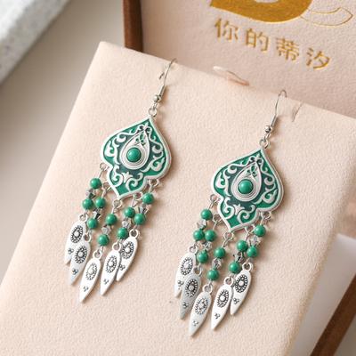 Ethnic Unique Pattern Geometric Charm Earrings for Women Creative Drop Oil Colorful Beads Metal Tassel Hanging Earrings Jewelry
