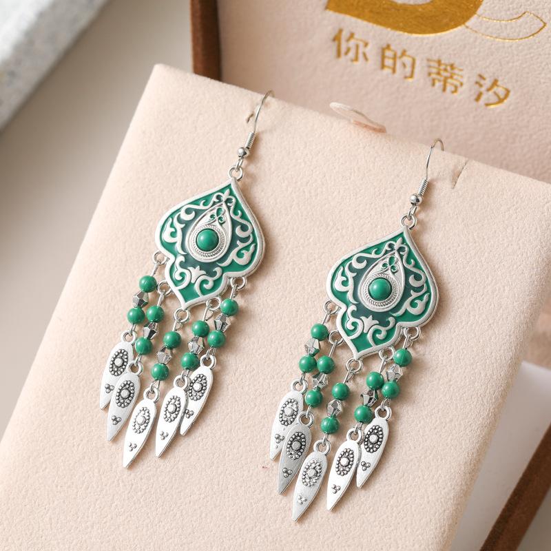 Ethnic Unique Pattern Geometric Charm Earrings for Women Creative Drop Oil Colorful Beads Metal Tassel Hanging Earrings Jewelry