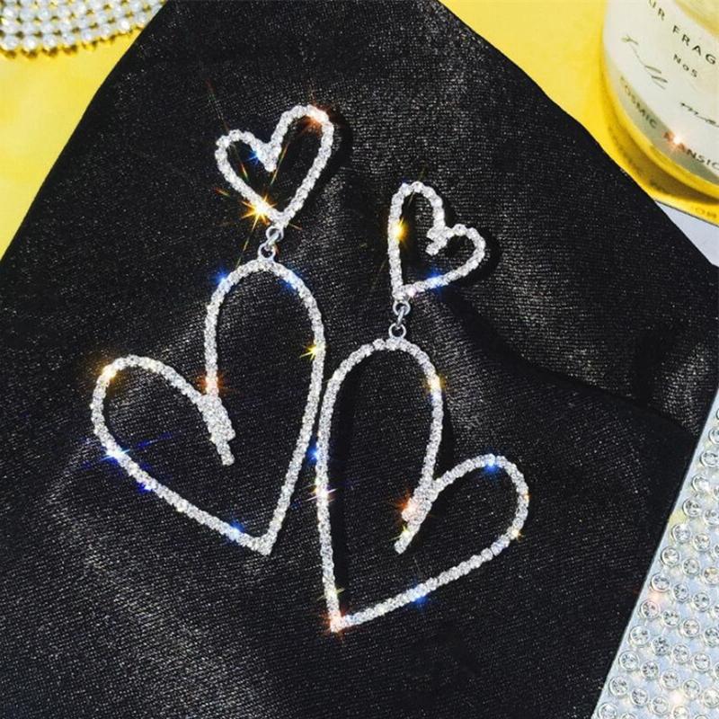 Diamond-Filled Heart-Shaped Long Stud Earrings Metallic And Heart-Shaped Earrings Gold And Silver Earrings