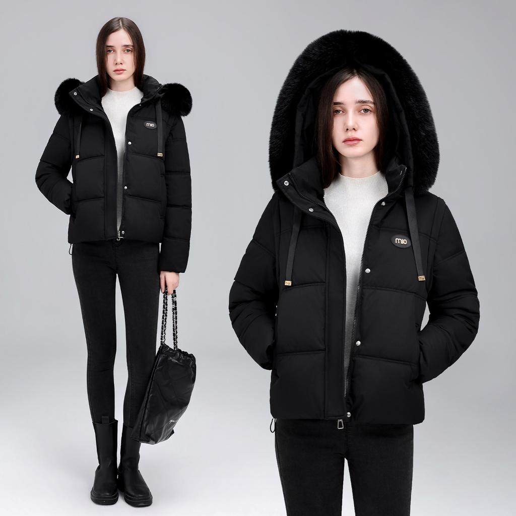Winter fur collar hooded short cotton clothes women's loose drawstring waist bread clothes thickened warm cotton clothes