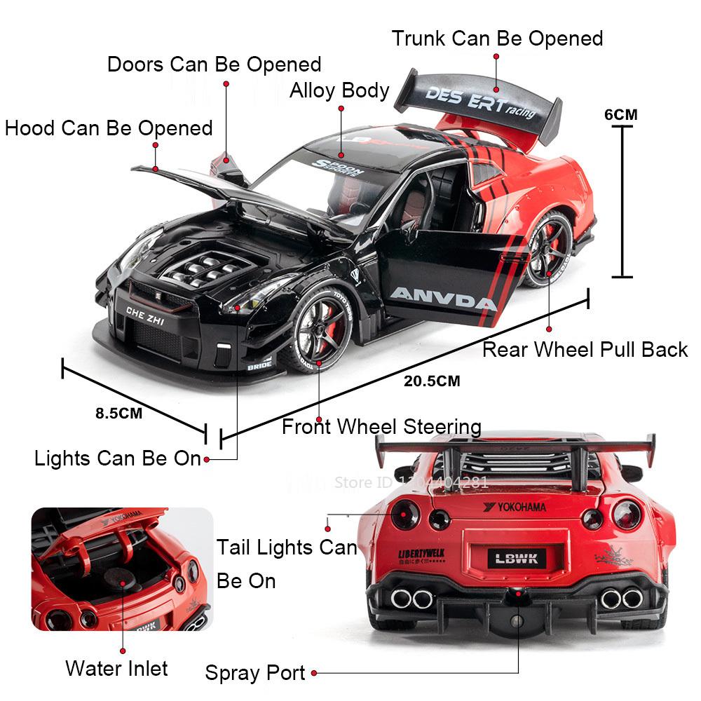 1:24 Gtr Alloy Car Toys Diecast Model Spray Version Front Wheel Steering Doors Openend Sound Light Pull Back Vehice Holiday Gift