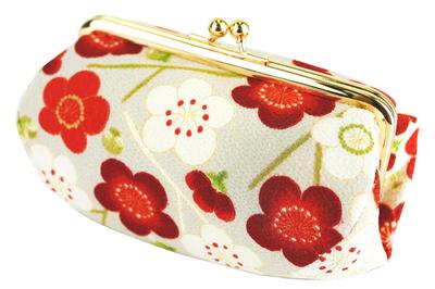 Kosmetická taštička Uni Made in Futago Chirimen s japonským vzorem, švestková (0105-15) Seni, Japonsko, [Modern Blossom/Ivory]