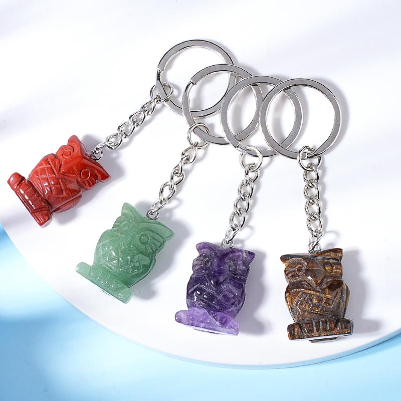 Natural Stone Crystal Gemstone Agate Sculpture Owl Stainless Steel Key Chain Mobile Phone Bag Pendant for Women and Men