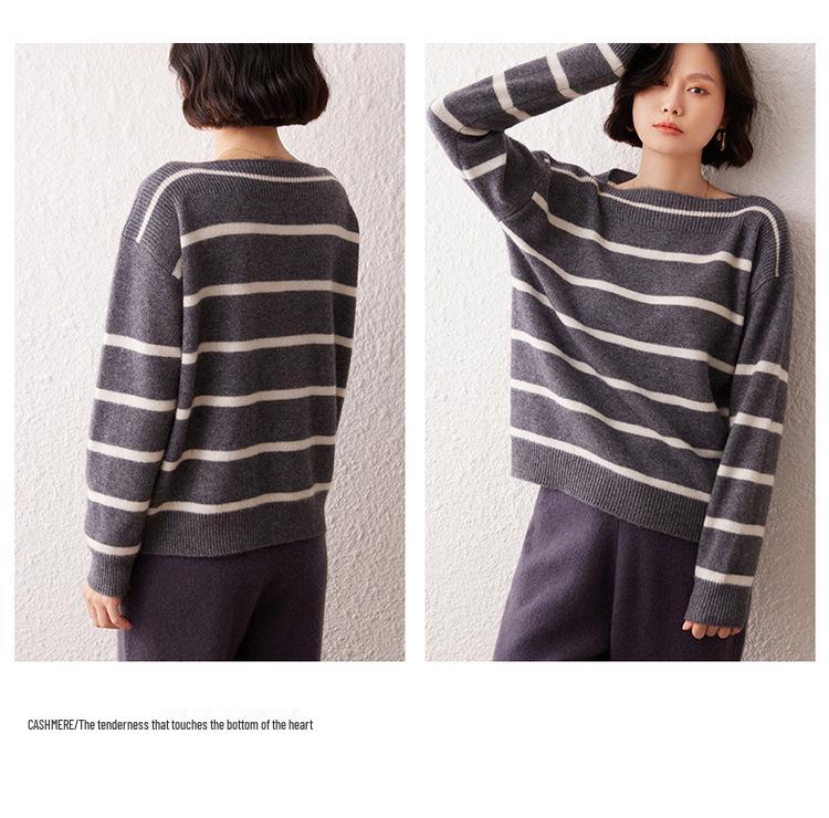 2026 Autumn/Winter Women's One-Shoulder Cashmere Sweater, Color Block Stripe, Versatile Slimming Pullover