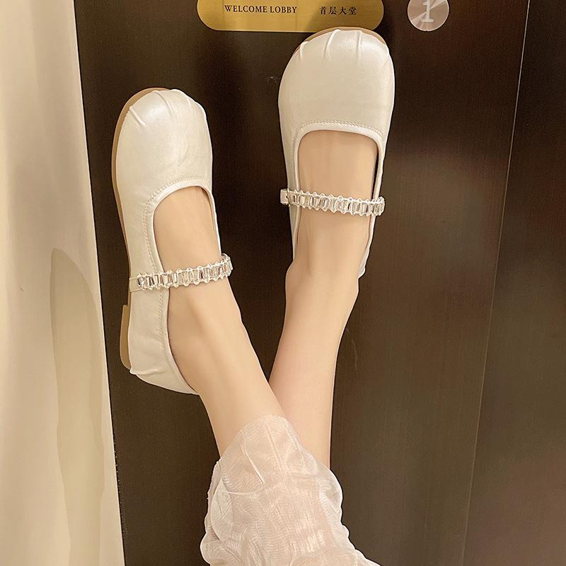 French rhinestone silver Mary Jane shoes women's 2025 autumn and summer new models with skirts, evening small leather shoes, flat shoes