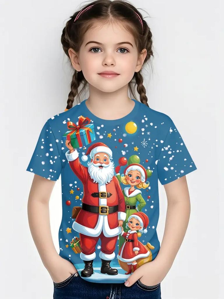Cute Santa Claus Children's T-Shirt Christmas 3D Print Girl Short Sleeve T-Shirt Holiday Boys Clothes O-Neck Tees Tops Clothing