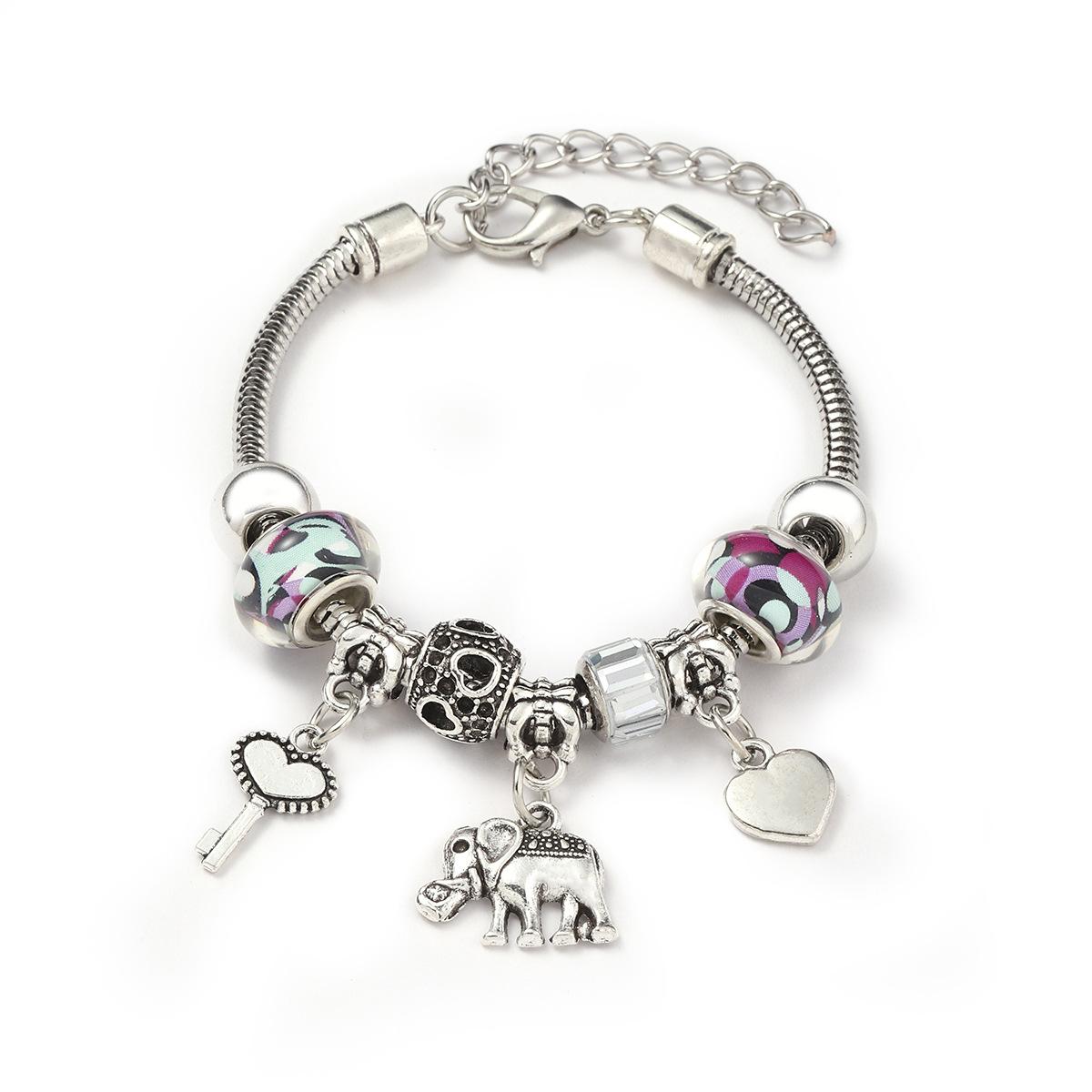 

Vintage Handmade Alloy Large Hole Glass Bead Elephant Tree of Life Bracelet Transparent Multiple Styles