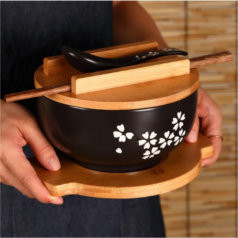 Bol à Nouilles de Riz Style Japonais Avec Couvercle Cuillère Et Baguettes Vaisselle de Cuisine Bol à Salade Soupe en Céramique Récipient Alimentaire Vaisselle