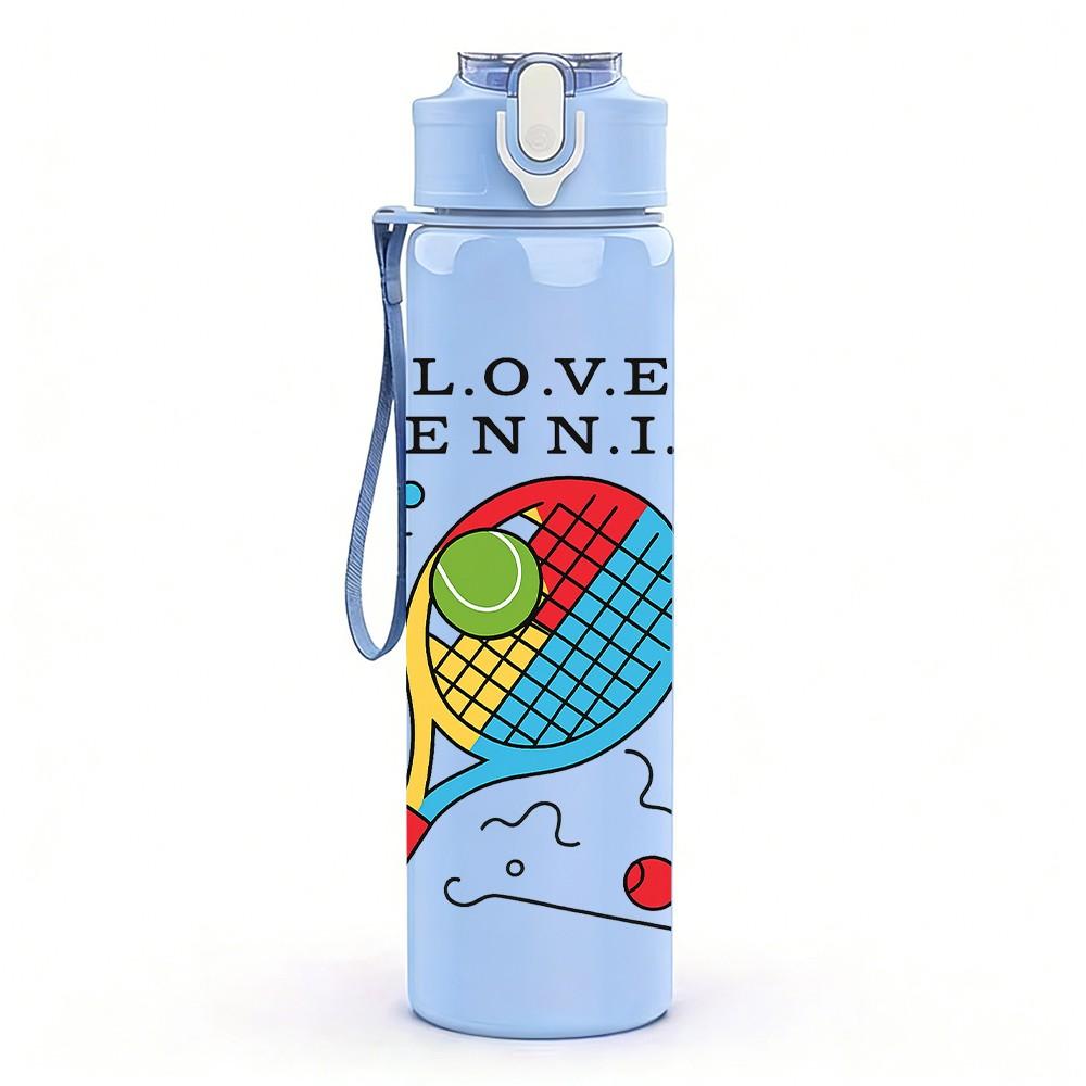 1PC Love Tennis Racket Pattern 750ml Color Plastic Sports Water Bottle Leakproof Flip Straw Lid Suitable for Sports Office Home Use