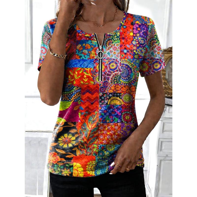 

Женская футболка с четвертью молнии, цветочный принт, растения, тропический, гавайский, стильная, короткий рукав, круглый вырез, обычный крой S