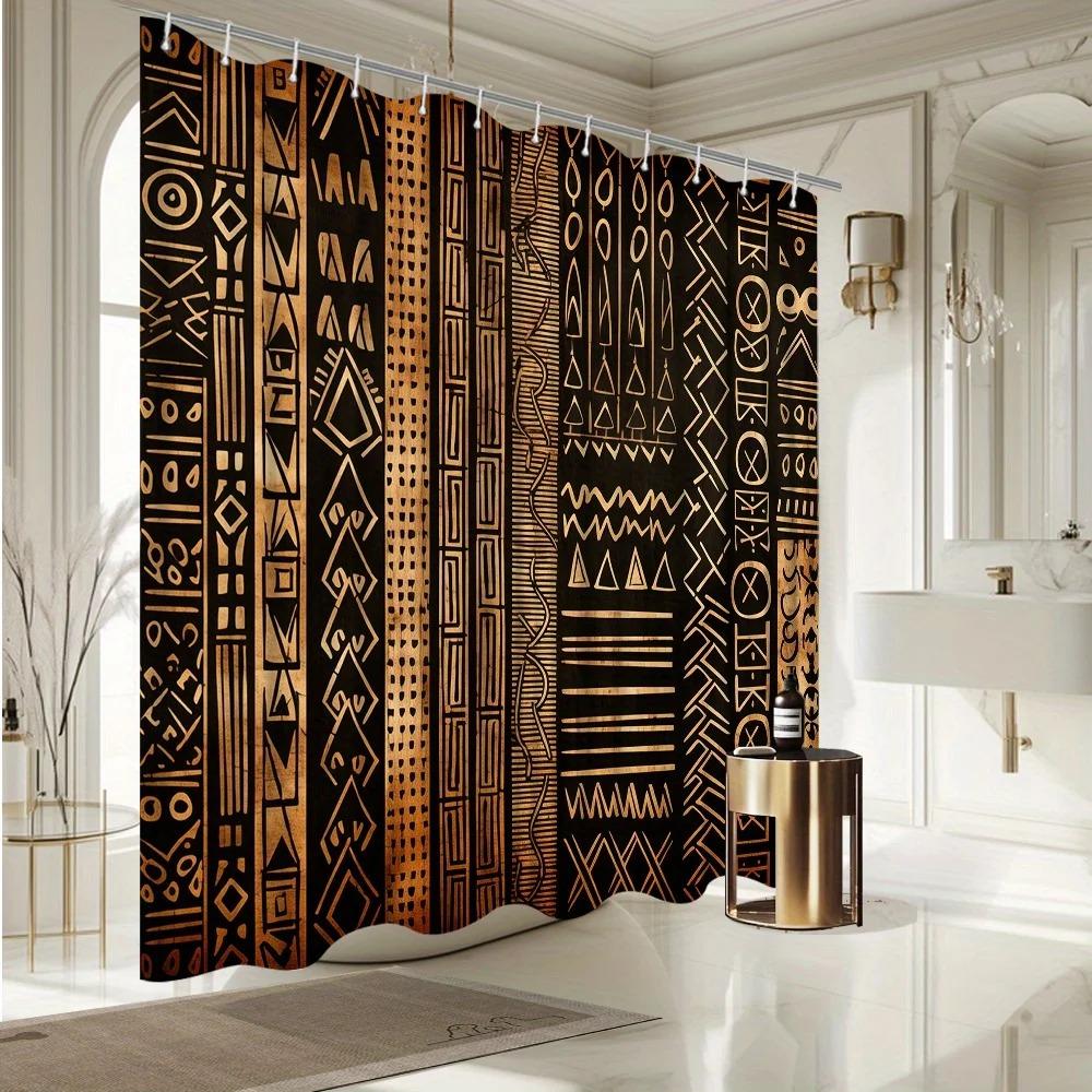 African Tribal Shower Curtain Black Gold Ethnic Art Decor Bathroom Fabric Panel With Hooks Washable Fade Resistant Modern