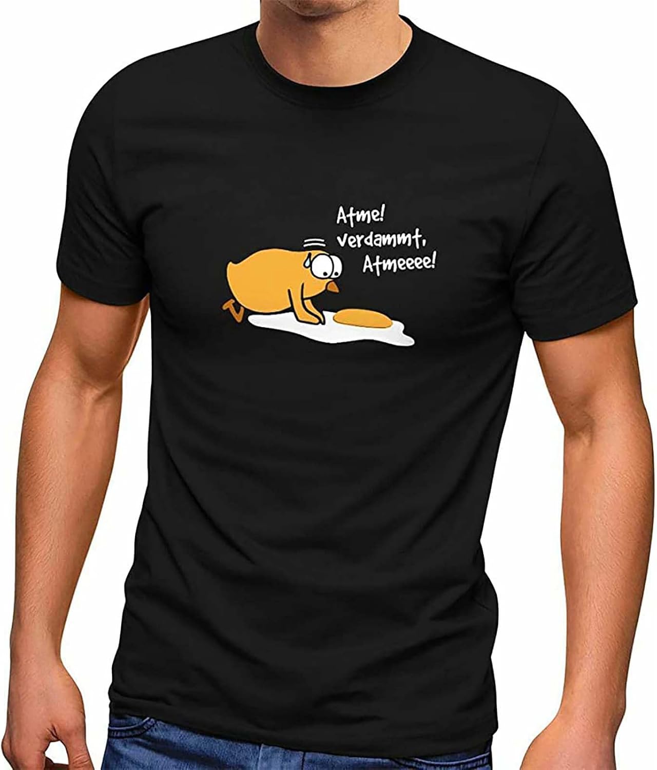 Mens T-Shirt Fried Egg Toast Breathe! Dammit Chicks Fun Shirt Print Funny Black L чёрный