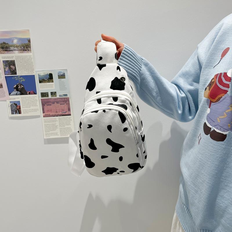 Popular Printed Canvas Small Bag Trendy Cow Pattern Small Fresh Girl Breast Bag Fashionable Going Out Mobile Phone Change Bag