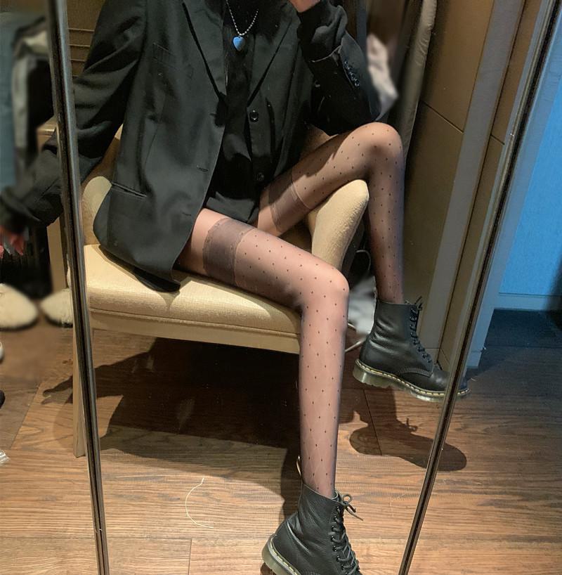 Schwarze Strümpfe mit Punktmuster aus Spitze: Sexy, durchsichtiges langes Einteiliges Damenmode für Frühling und Herbst