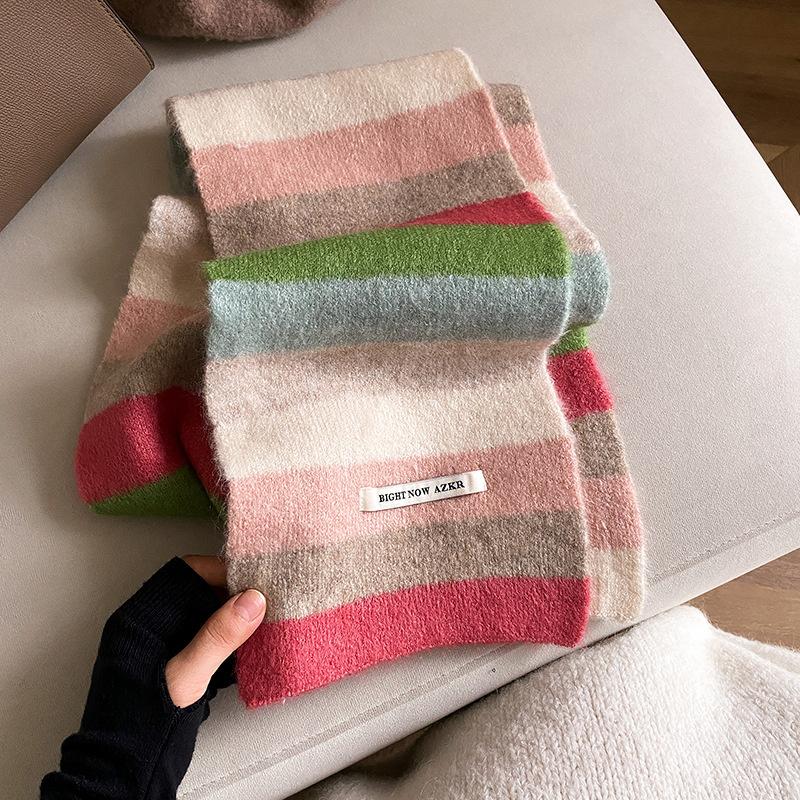 Rainbow Stripes Cashmere Scarf Women Macaron Warm Knitted Adult Children Scarf Luxury Autumn Winter Pashmina Short Shawl Wrap