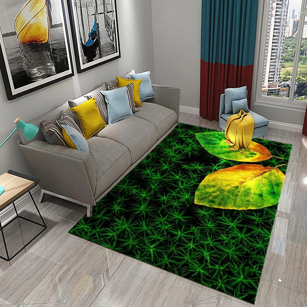 Green Leaves Carpet Natural Landscape Rug Black Rectangle Area Rugs for Adults Yoga Mats Bedroom Living Room Decor Soft Door Mat