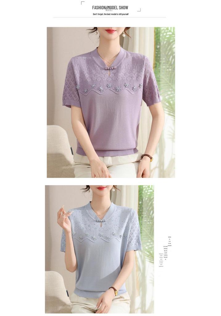 Chic Knitted Short Sleeve Summer Top for Women - Age-Defying Fashion for Middle-Aged and Elderly