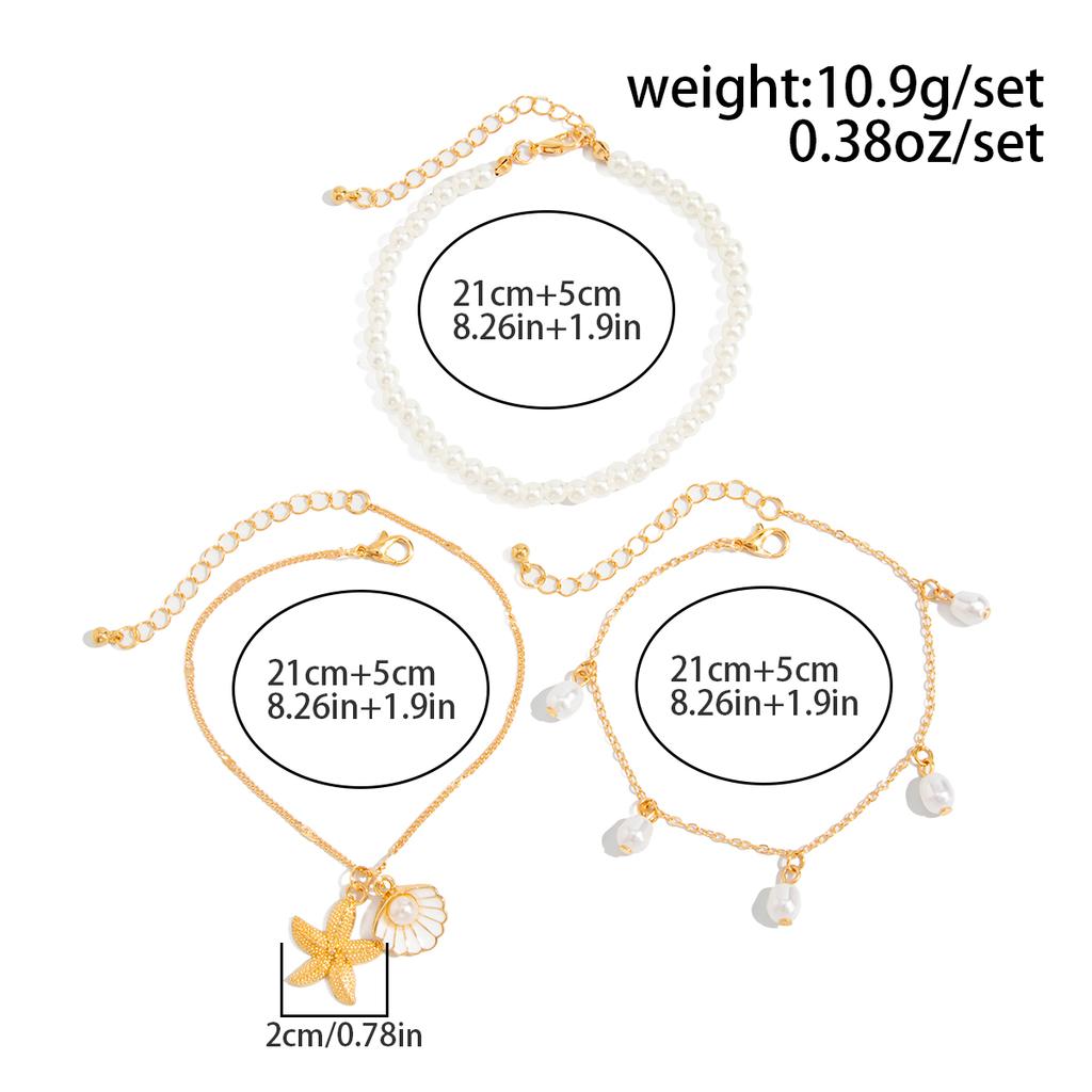 Salircon 3Pcs/Set Boho Bohemian Sea Starfish Conch Pendant Foot Chain Fashion Imitation Pearl Beaded Anklet Summer Beach Jewelry
