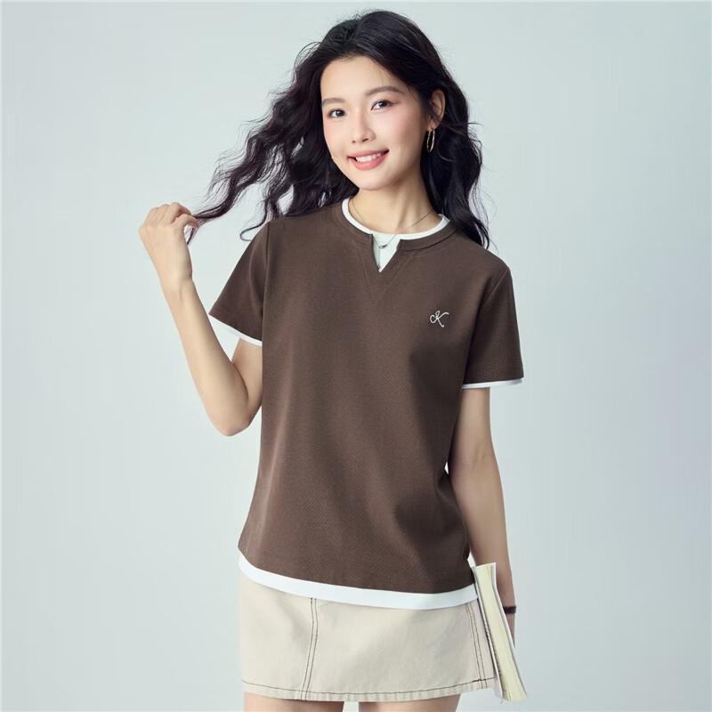 Giordano Women's Faux Two-Piece Embroidered Knit T-Shirt