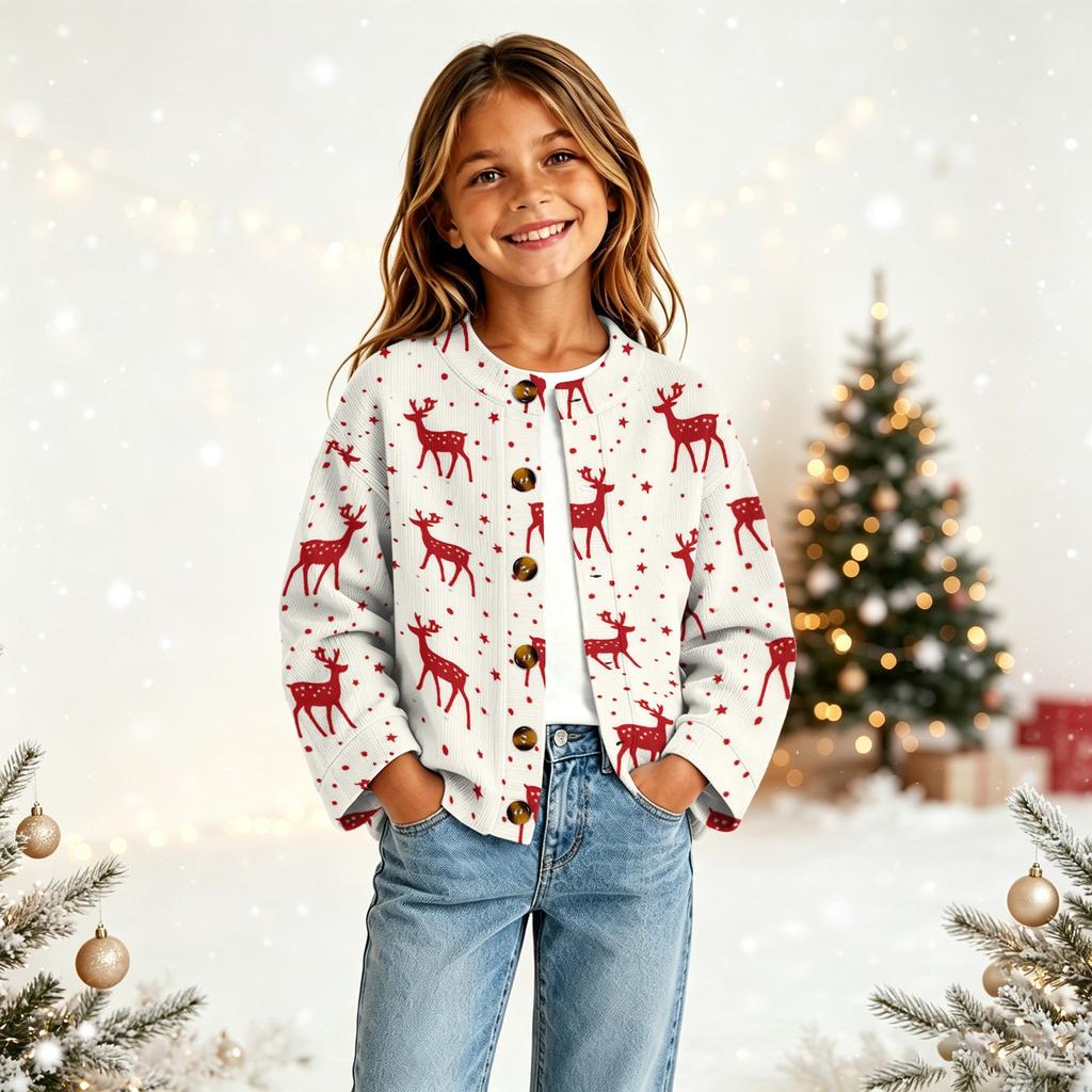 Girls' Fashion Button Front Christmas Print Cardigan for Holiday Outfits and Daily Wear
