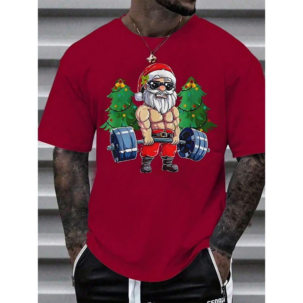 Santa Fitness Printed Men's T-shirt Fitness Sports Men's Short Sleeve Top Daily Running Workout Men's Crew Neck T-shirt