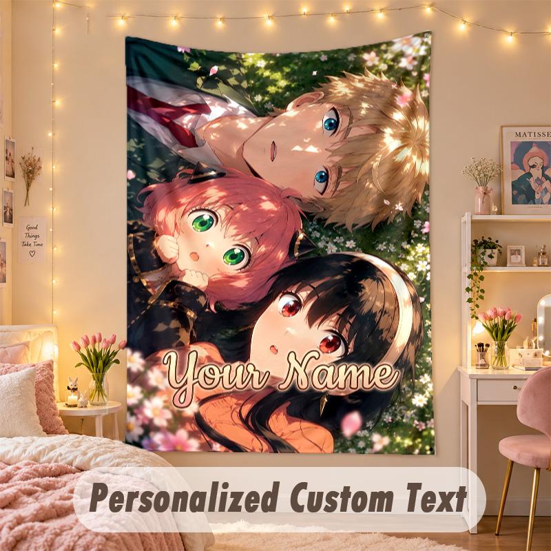 Custom Personalized Tapestry,Spy × Family Print Custom Name Text Wall Art Hanging for Bedroom