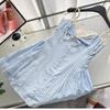 Summer Womens Blue Striped Lace Trim Aline Dress With Waist Tie For Casual Wear
