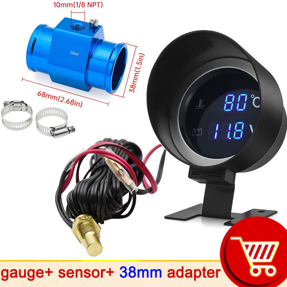 Car Digital Led Water Temperature Gauge -10-110 Celsius With Water Temp Joint Pipe Sensor 10MM Adapter 1/8NPT Voltmeter 2 IN 1