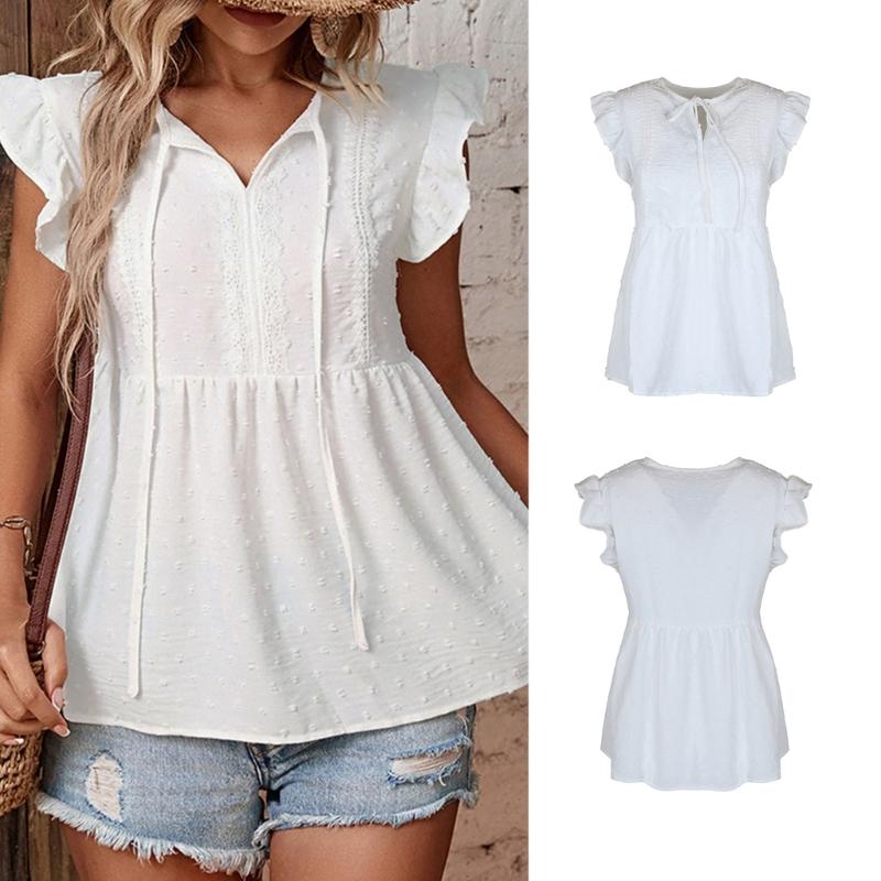 Womens Summer Short Sleeve Lace Up V neck T Shirt Casual Peplum Tops Comfort Loose Fitting Blouses Tunics Tops Tees