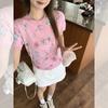 Korean chic vacation style wear knitted short-sleeved women's dopamine slim slim flower print unique top summer
