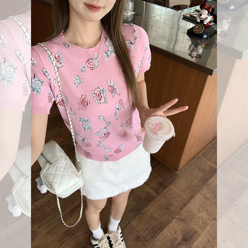 Korean chic vacation style wear knitted short-sleeved women's dopamine slim slim flower print unique top summer