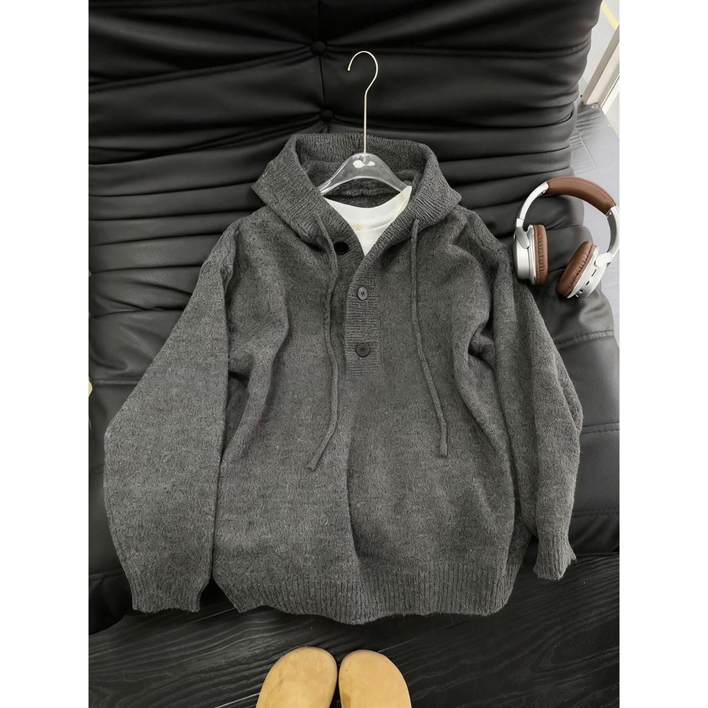 Men's Deep Gray Heavyweight Hooded Henley Pullover Knitwear - Autumn/Winter High-End Outerwear