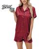 Casual Daily Wear Pajamas 2 Pcs/Set Suit Satin Single-breasted Cardigan Shirt V Neck Notch Collar