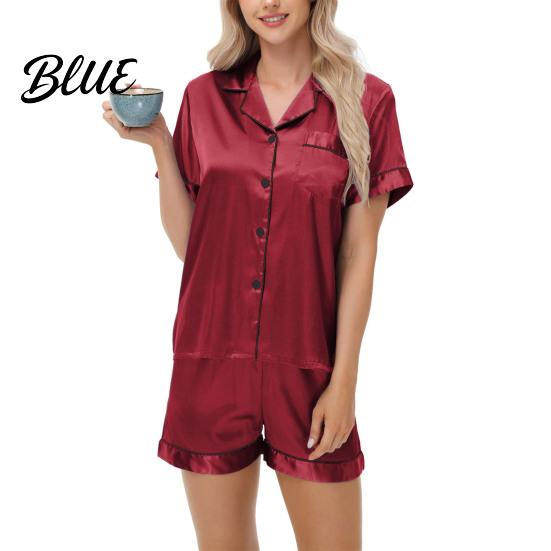 Casual Daily Wear Pajamas 2 Pcs/Set Suit Satin Single-breasted Cardigan Shirt V Neck Notch Collar