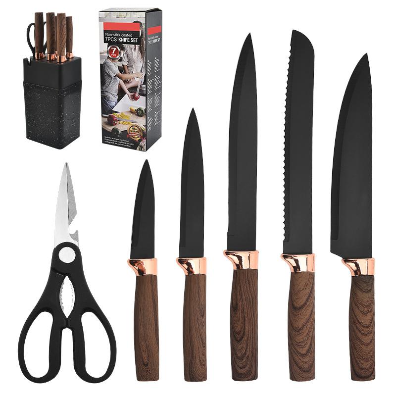 Elektroplattiertes Roségold-Messer, siebenteiliges Messer, schwarzes Edelstahl-Küchenset, Messer mit Messerablage