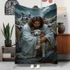 God's Redemption Jesus Sheep Design Flannel Blanket Digital Plush Nap Blanket Soft Warm for All Seasons Ideal for Sofa Office