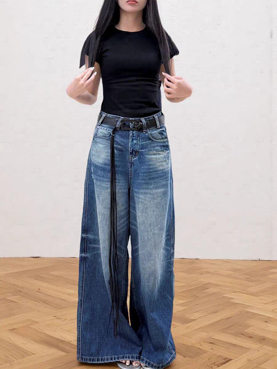 

Women s Autumn 2025 Washed Cat Whiskers Wide Leg Jeans - Retro American Style Loose Floor-Length Straight Trousers 3XL